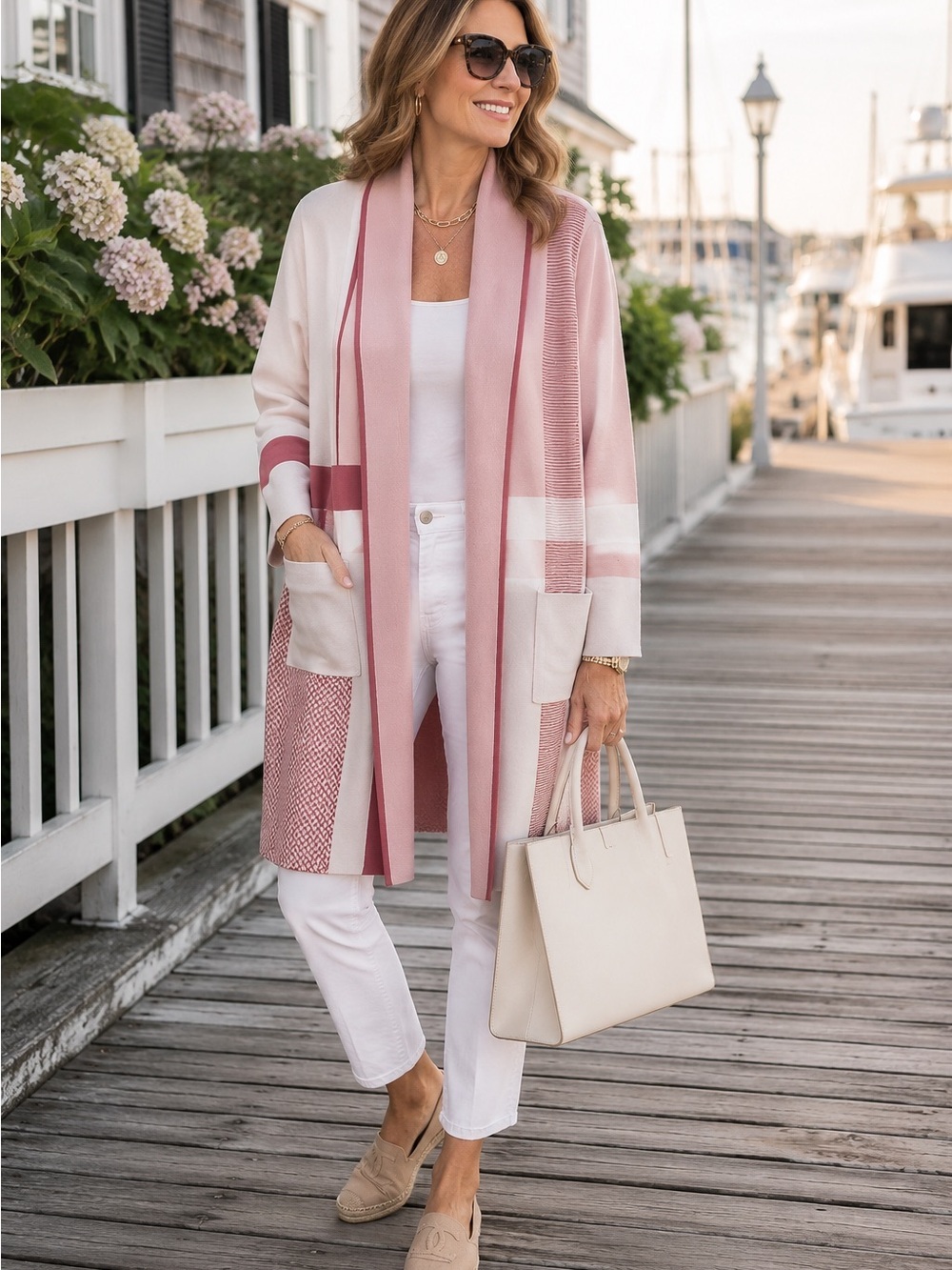 Liz Claiborne Blush Pink Colorblock Open Front Cardigan Sweater Long CozyCoastal